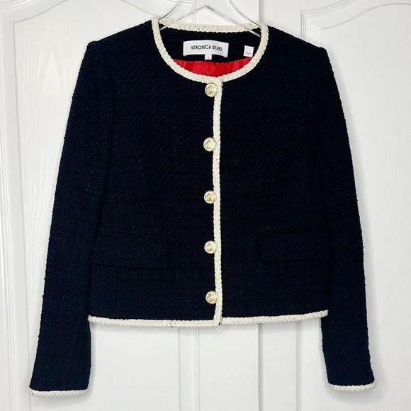 Veronica Beard Mabel Tweed Jacket Blazer Navy Ivory Trim Size 12 - Picture 5 of 16